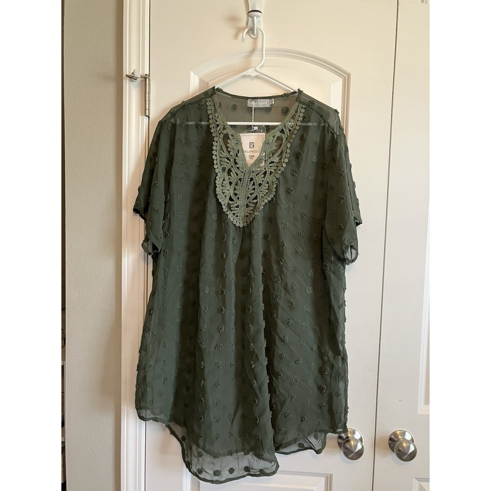 Belongsci Beach Cover Up Women XL Olive Green New Lace V Neck Swiss Dot C608